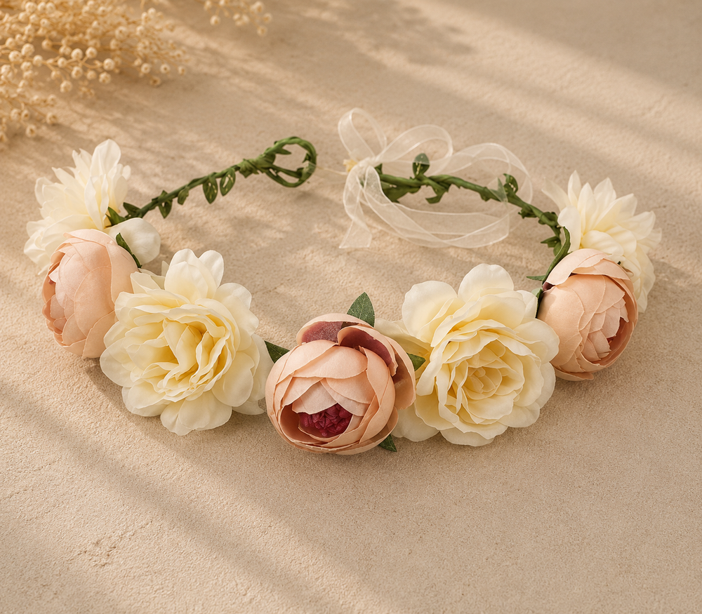 Couronne Florale Pêche et Crème Ruban Organza