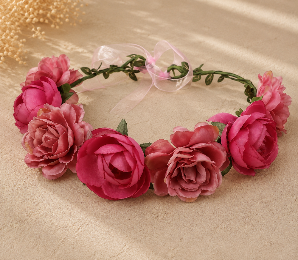 Couronne Florale Pivoines Fuchsia Ruban Rose