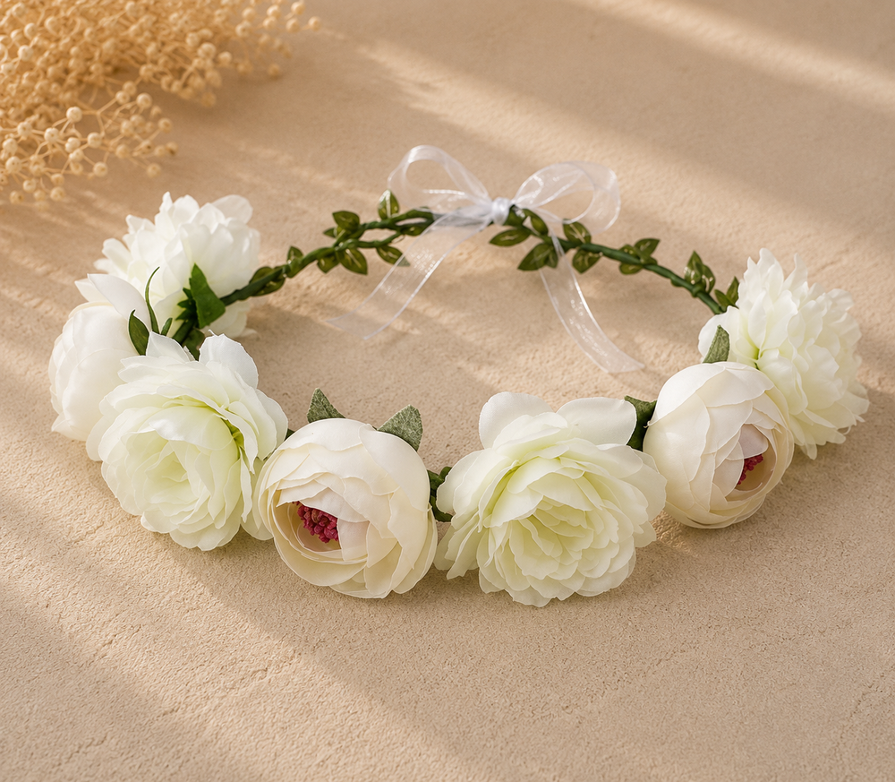 Couronne Florale Pivoines Blanches Ivoire Mariage