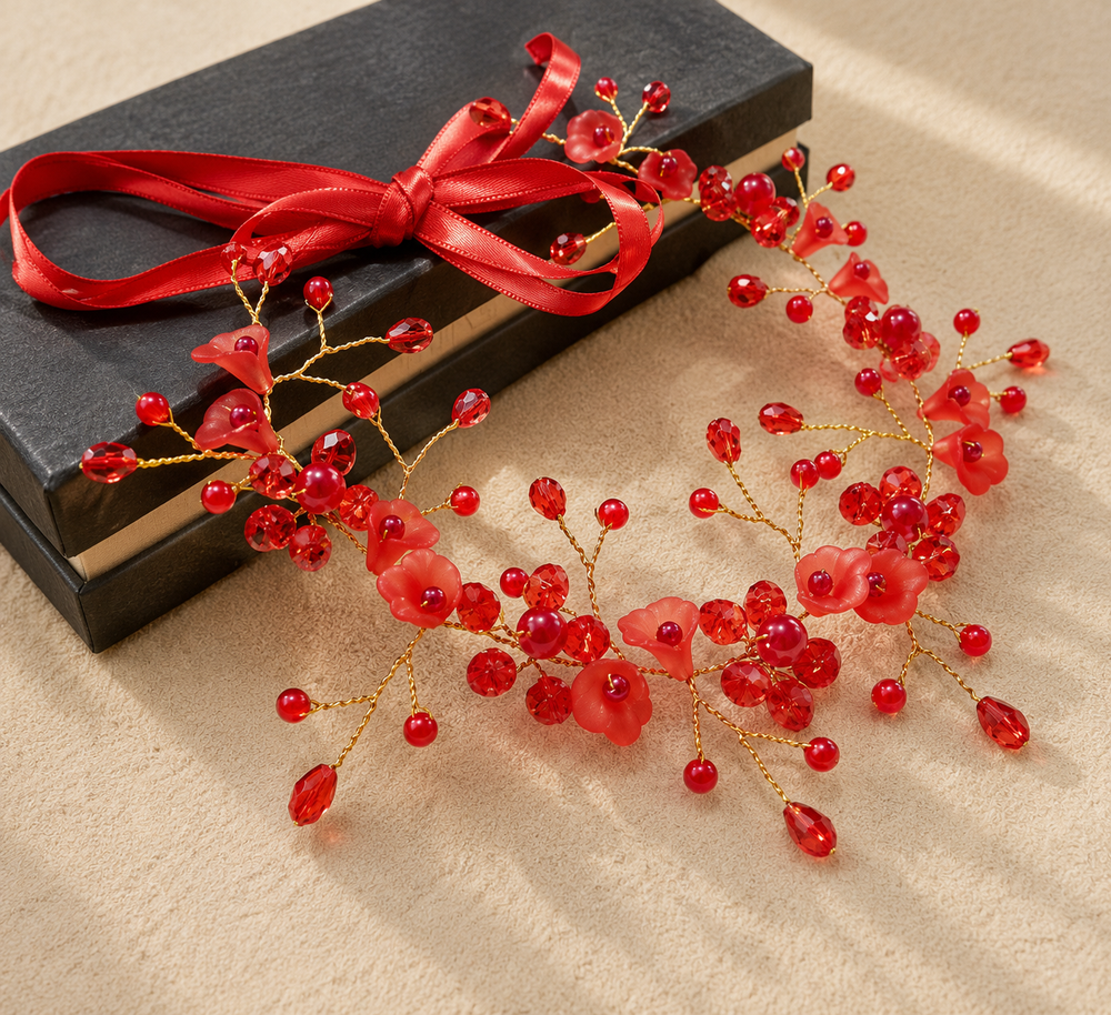 Headband Cristaux Rouges et Perles Dorées Mariage