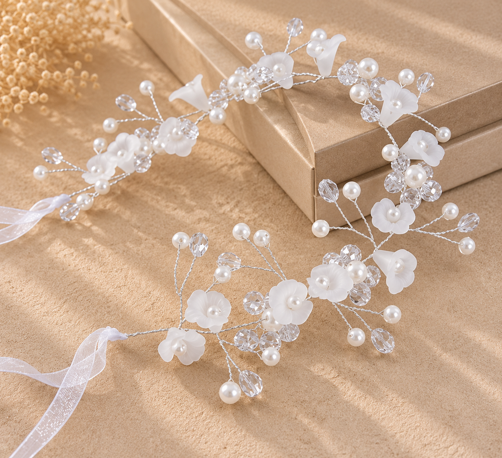 Headband Fleurs Blanches Cristaux Fil Argenté Mariage