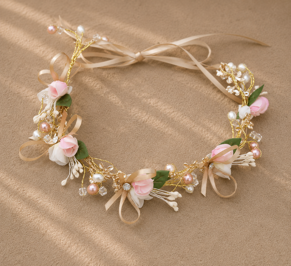 Couronne Roses Rose Pâle Perles et Nœuds Dorés Mariage