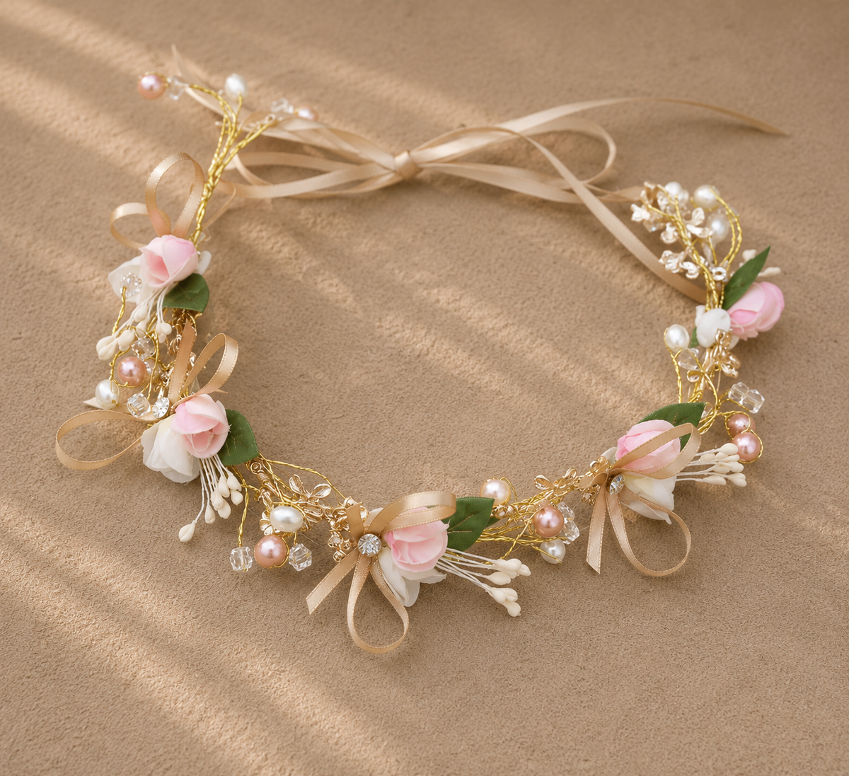 Couronne Roses Rose Pâle Perles et Nœuds Dorés Mariage