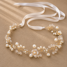 Headband Perles Ivoire et Cristaux Fil Doré Mariage