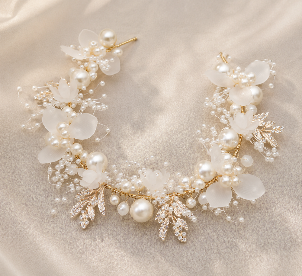 Headband Fleurs Ivoire Perles et Feuilles Strass Dorées Mariage