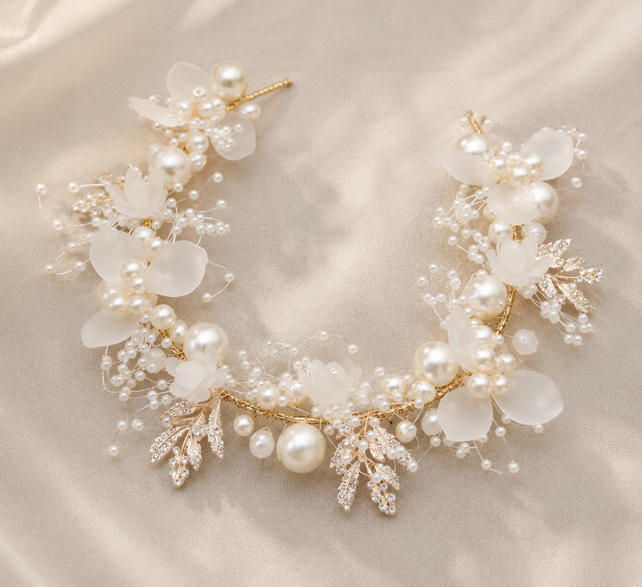 Headband Fleurs Ivoire Perles et Feuilles Strass Dorées Mariage