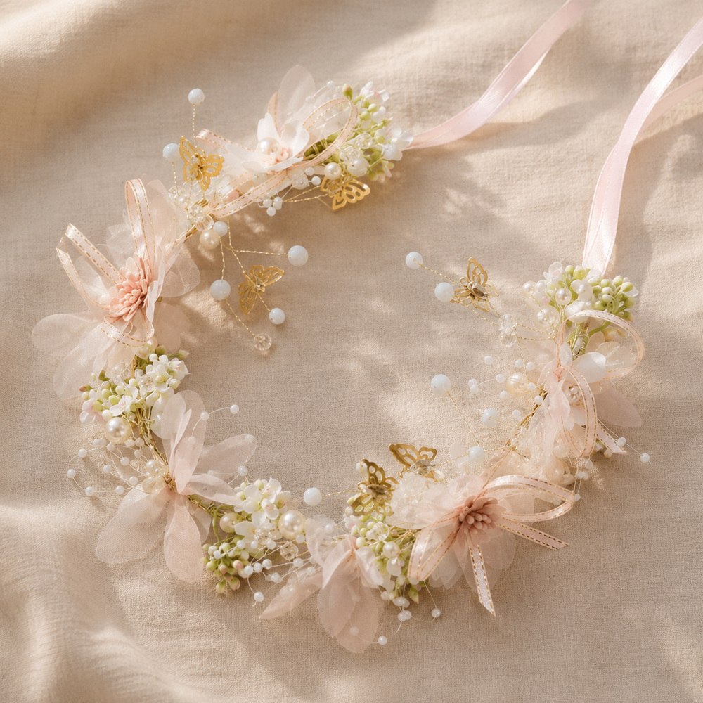 Couronne Gypsophile Fleurs Rose Poudré et Papillons Dorés Mariage