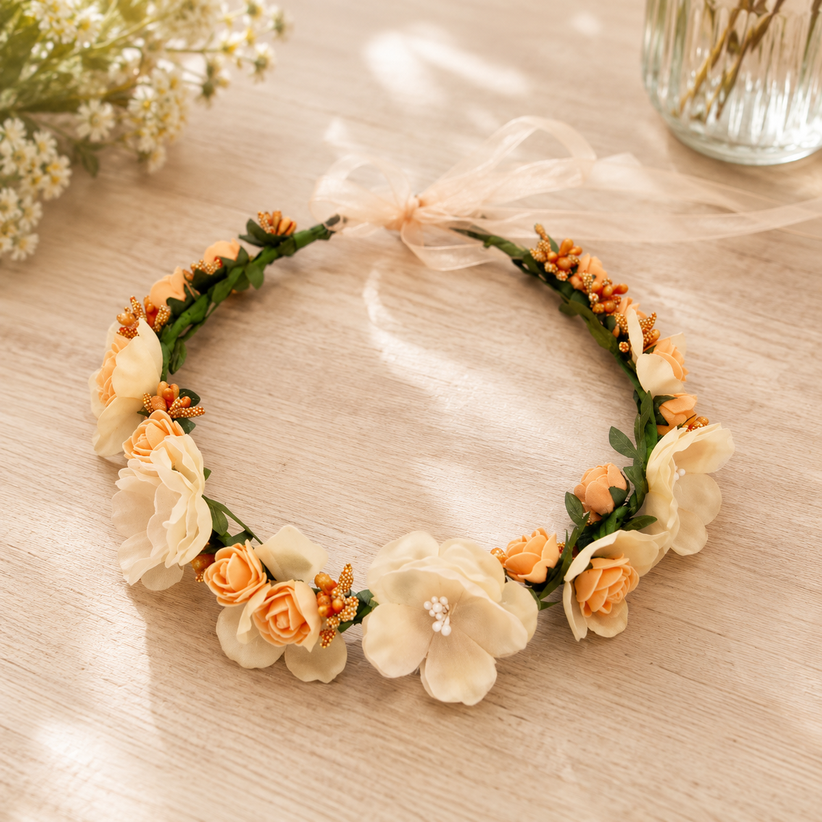 Couronne Florale Roses Pêche et Fleurs Blanches Mariage