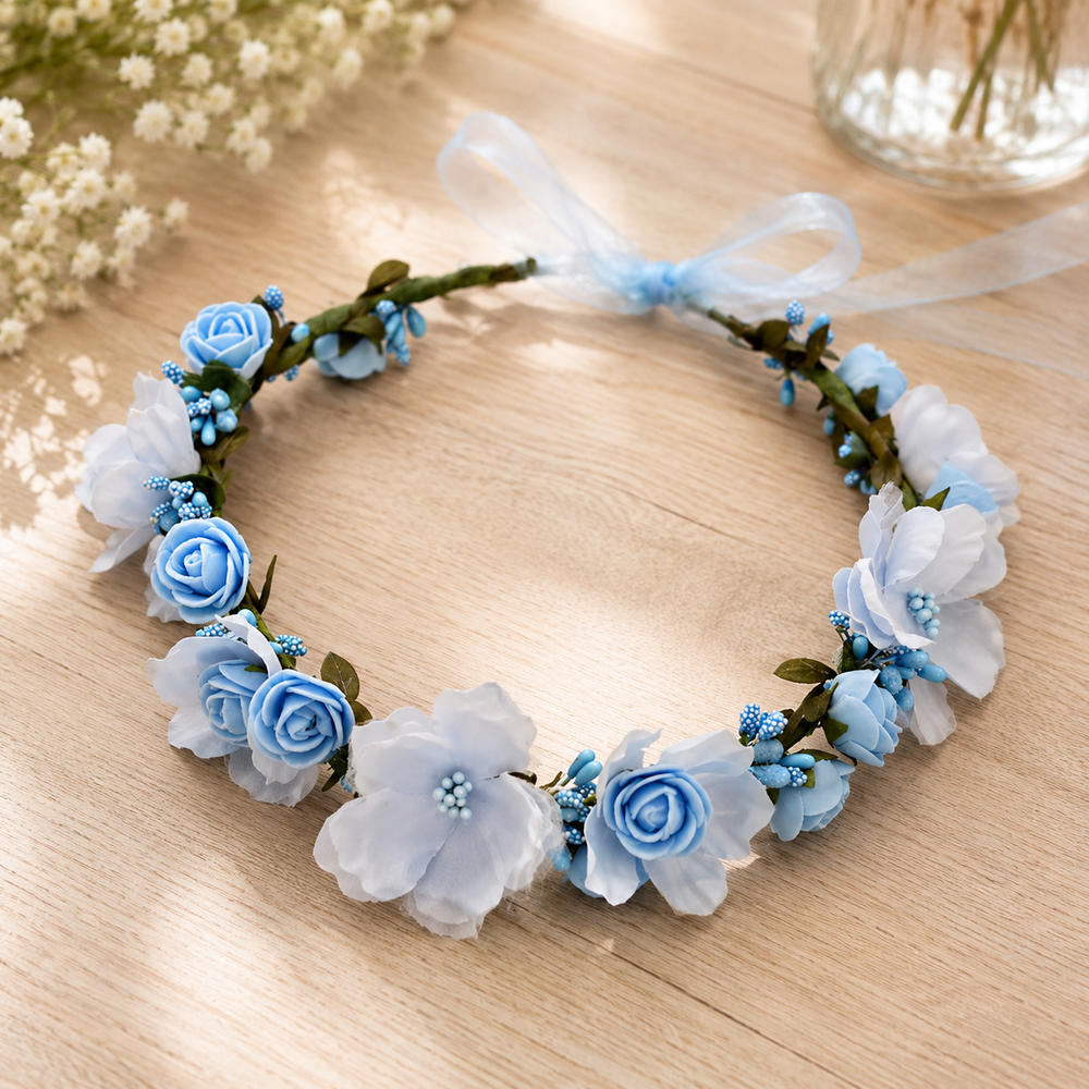 Couronne Florale Roses Bleues et Fleurs Blanches Mariage