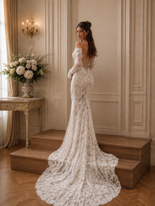Robe de Mariée Sirène Dentelle Intégrale Manches Off-Shoulder Traîne