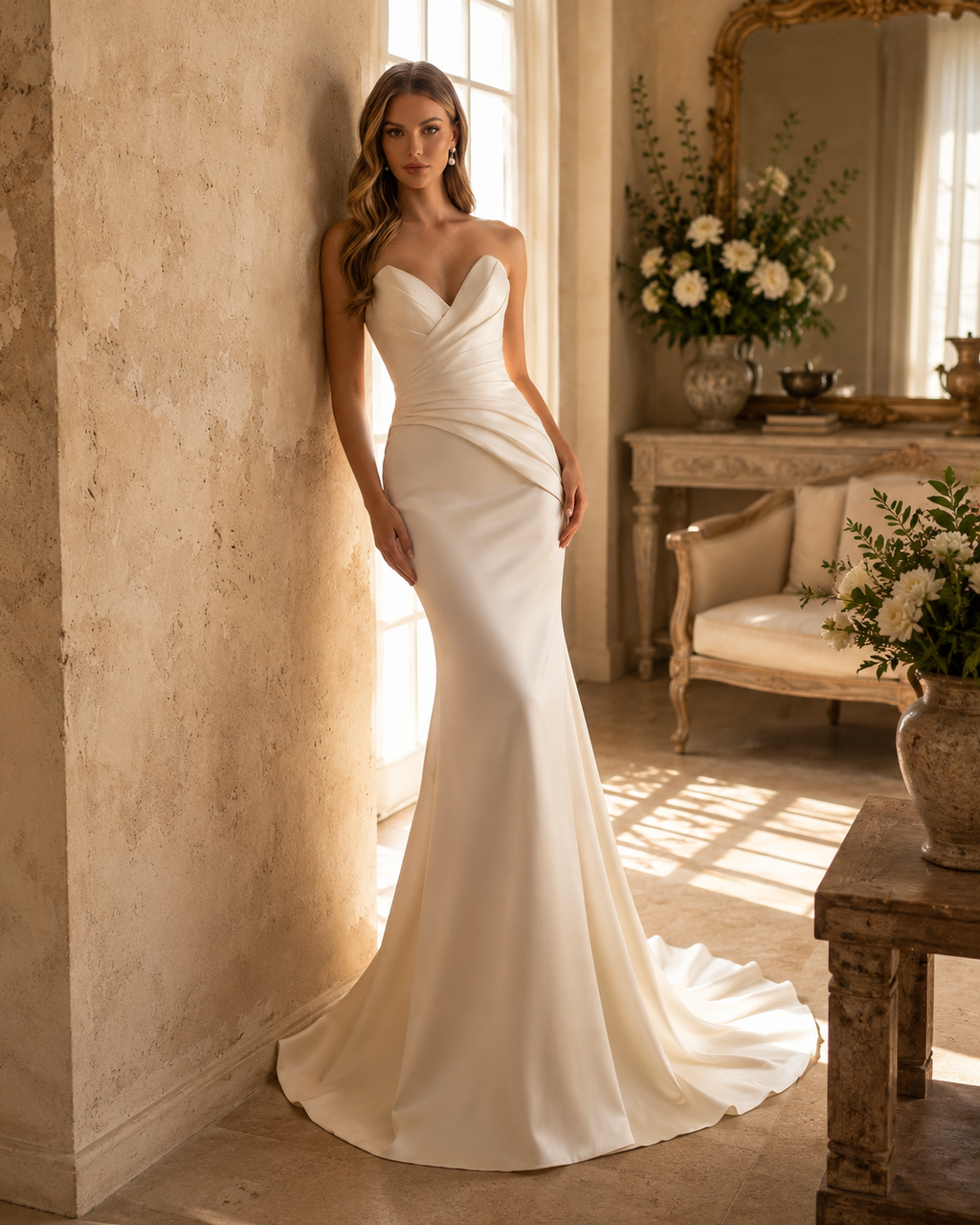Robe de Mariée Sirène Satin - Vue de dos avec traîne