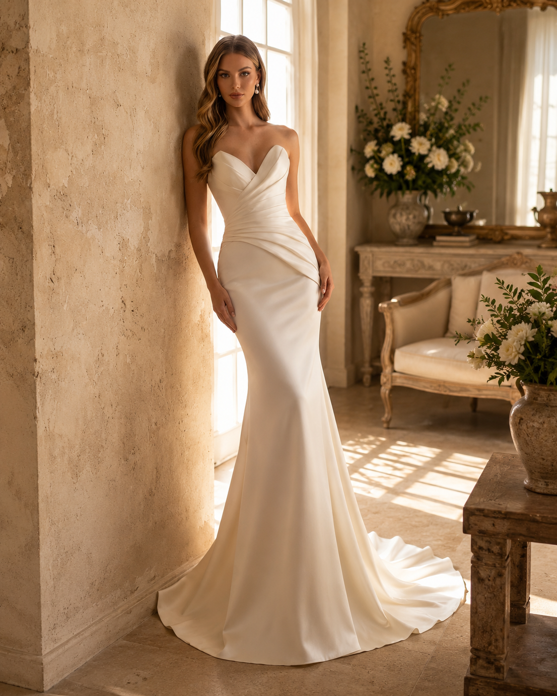 Robe de Mariée Sirène Satin - Vue de dos avec traîne