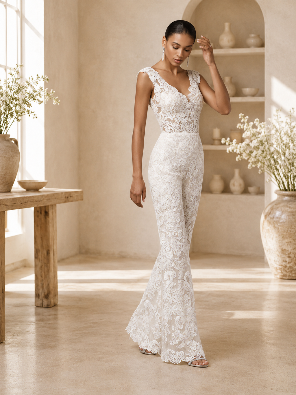 Combinaison de Mariée Dentelle - Vue avec traîne tulle