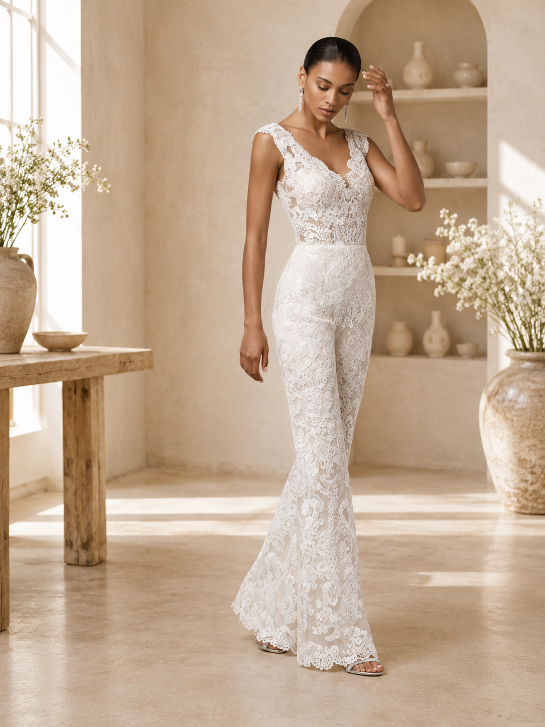 Combinaison de Mariée Dentelle - Vue avec traîne tulle