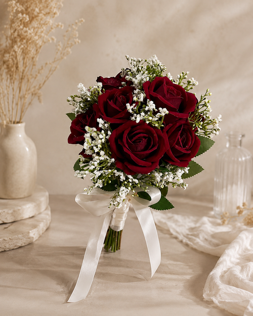 Petit bouquet roses rouges et gypsophile avec ruban satin blanc