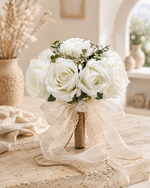 Bouquet roses rouges et ivoire avec astilbe blanc et ruban jute