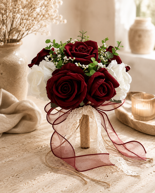 Bouquet roses bordeaux et blanches avec ruban bordeaux et dentelle