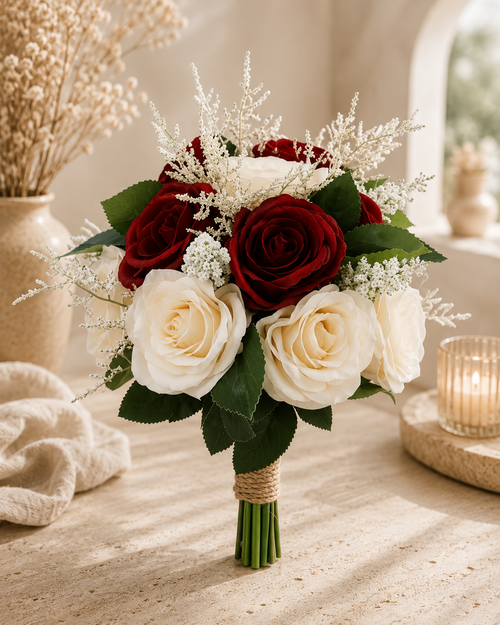 Bouquet roses blanches avec ruban jute et dentelle ivoire