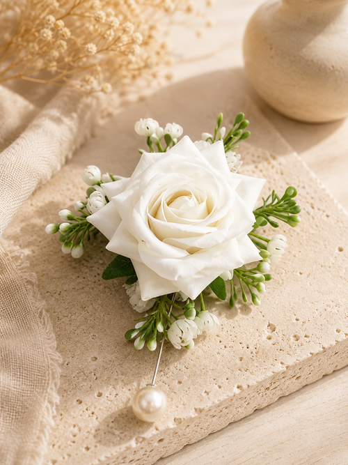 Boutonnière rose blanche avec gypsophile et épingle perle nacrée