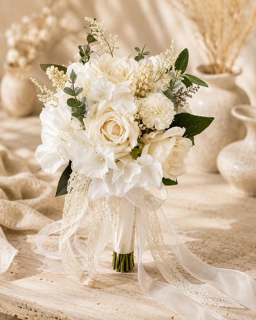 Bouquet roses rouges et gypsophile blanc avec ruban satin