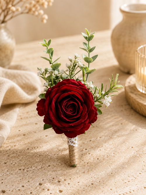 Boutonnière rose rouge avec eucalyptus gypsophile et ruban jute dentelle