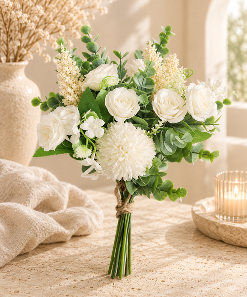 Bouquet roses blanches chrysanthème ivoire et astilbe avec eucalyptus noué jute