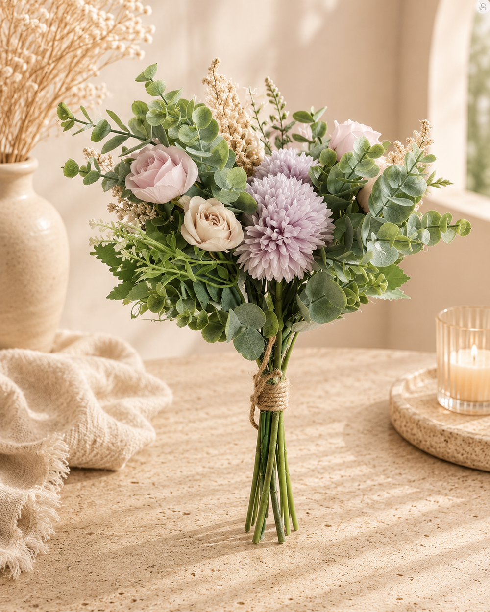 Bouquet mauve et roses champagne avec eucalyptus et astilbe noué jute