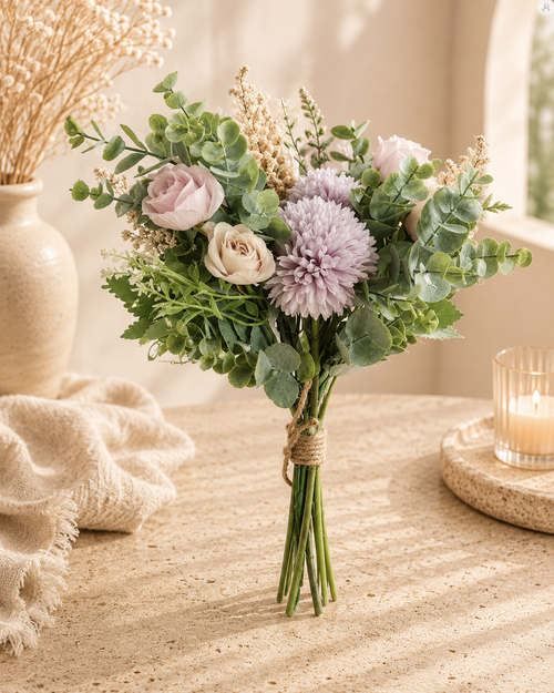 Bouquet mauve et roses champagne avec eucalyptus et astilbe noué jute