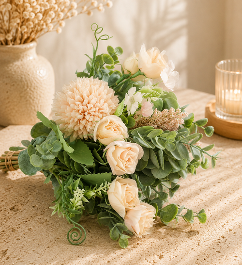 Bouquet pêche et roses ivoire avec eucalyptus et fougères noué raphia
