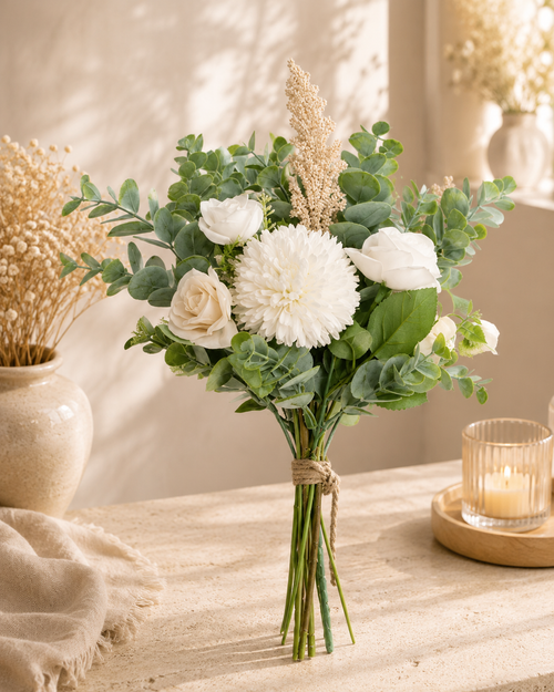 Bouquet ivoire avec chrysanthème roses et eucalyptus noué jute