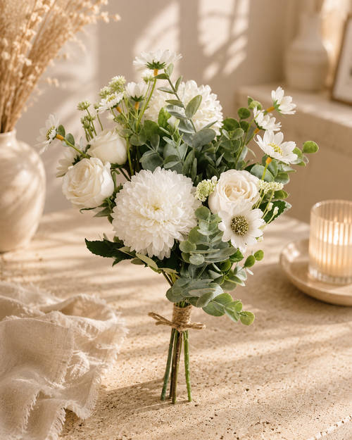 Bouquet blanc champêtre avec chrysanthèmes roses marguerites et eucalyptus noué jute