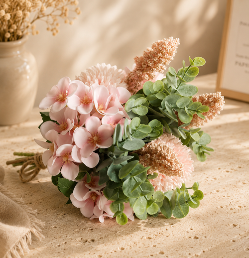 Bouquet rose poudré avec hortensias eucalyptus et astilbe beige