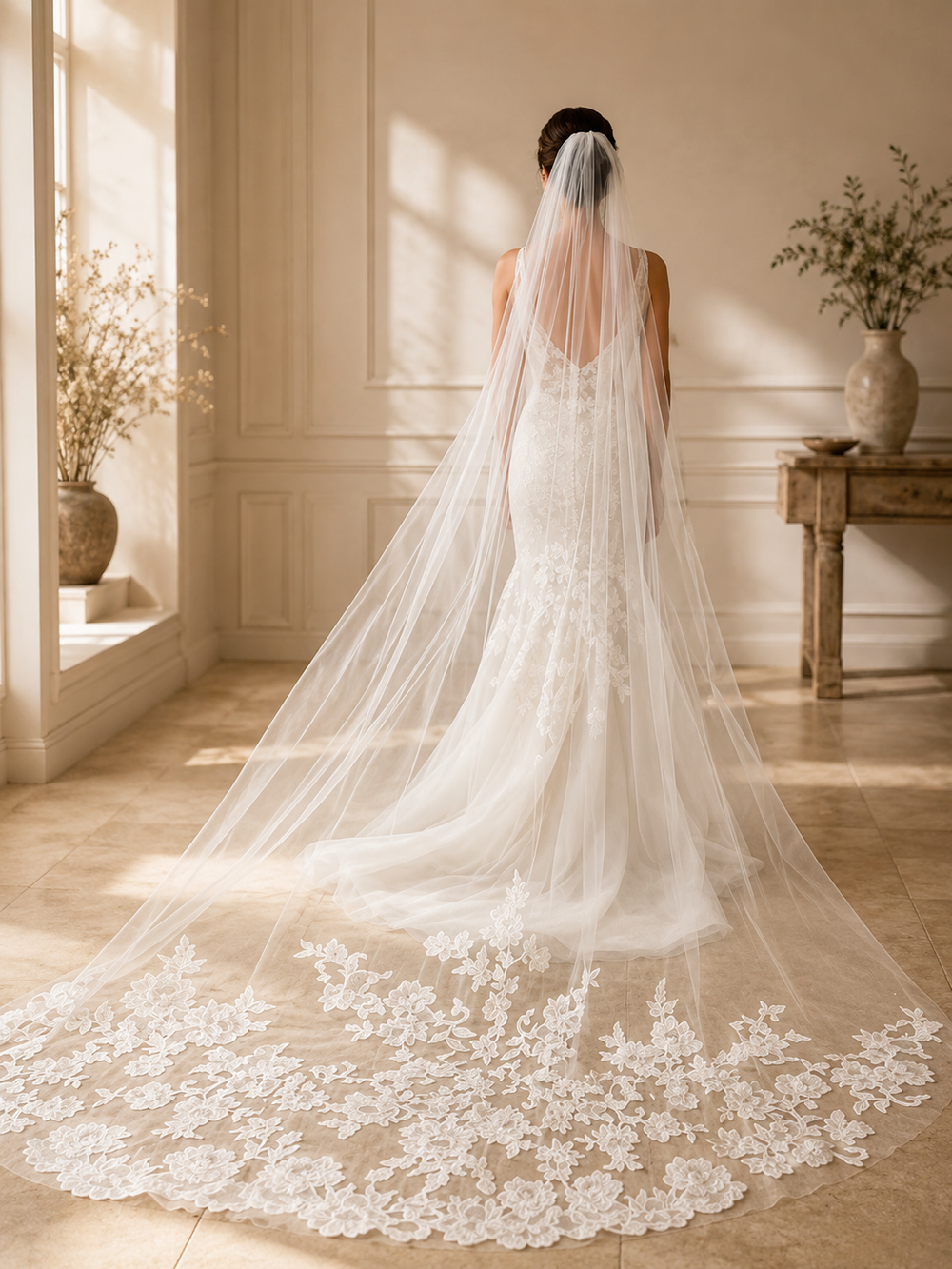 Voile de mariée cathédrale en tulle ivoire avec bordure dentelle fleurie brodée