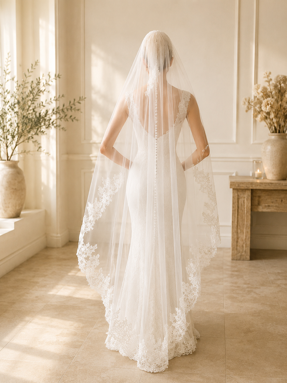 Voile de mariée cathédrale en tulle ivoire avec bordure dentelle florale latérale brodée
