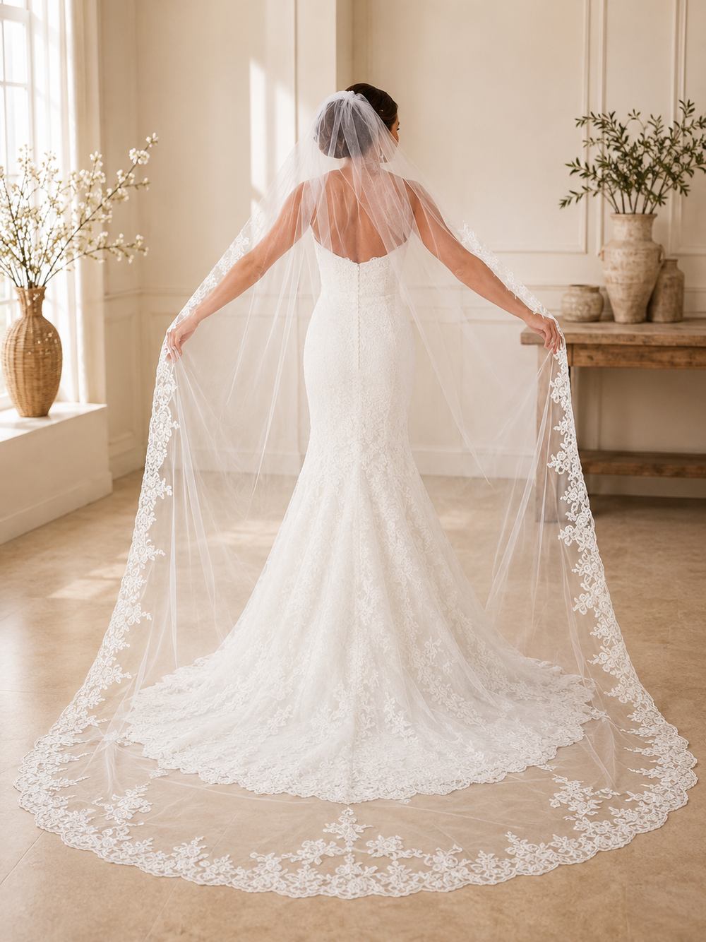 Voile de mariée cathédrale en tulle ivoire avec large bordure dentelle baroque brodée