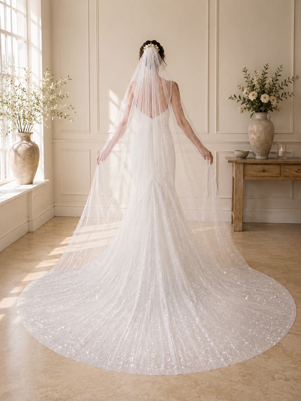 Voile de mariée cathédrale en tulle ivoire scintillant avec micro-paillettes et cristaux