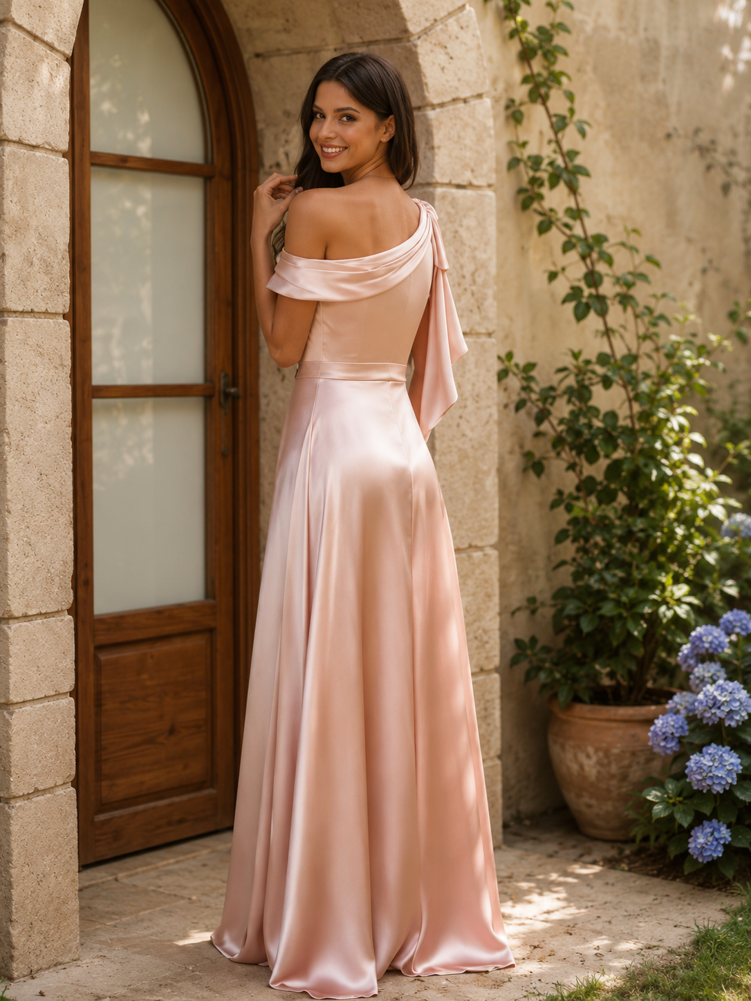 Robe Demoiselle d'Honneur Satin Épaule Asymétrique