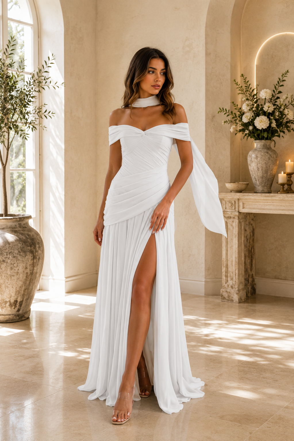 Robe Demoiselle d'Honneur Mousseline Bleu Ardoise Épaule Dénudée Fente