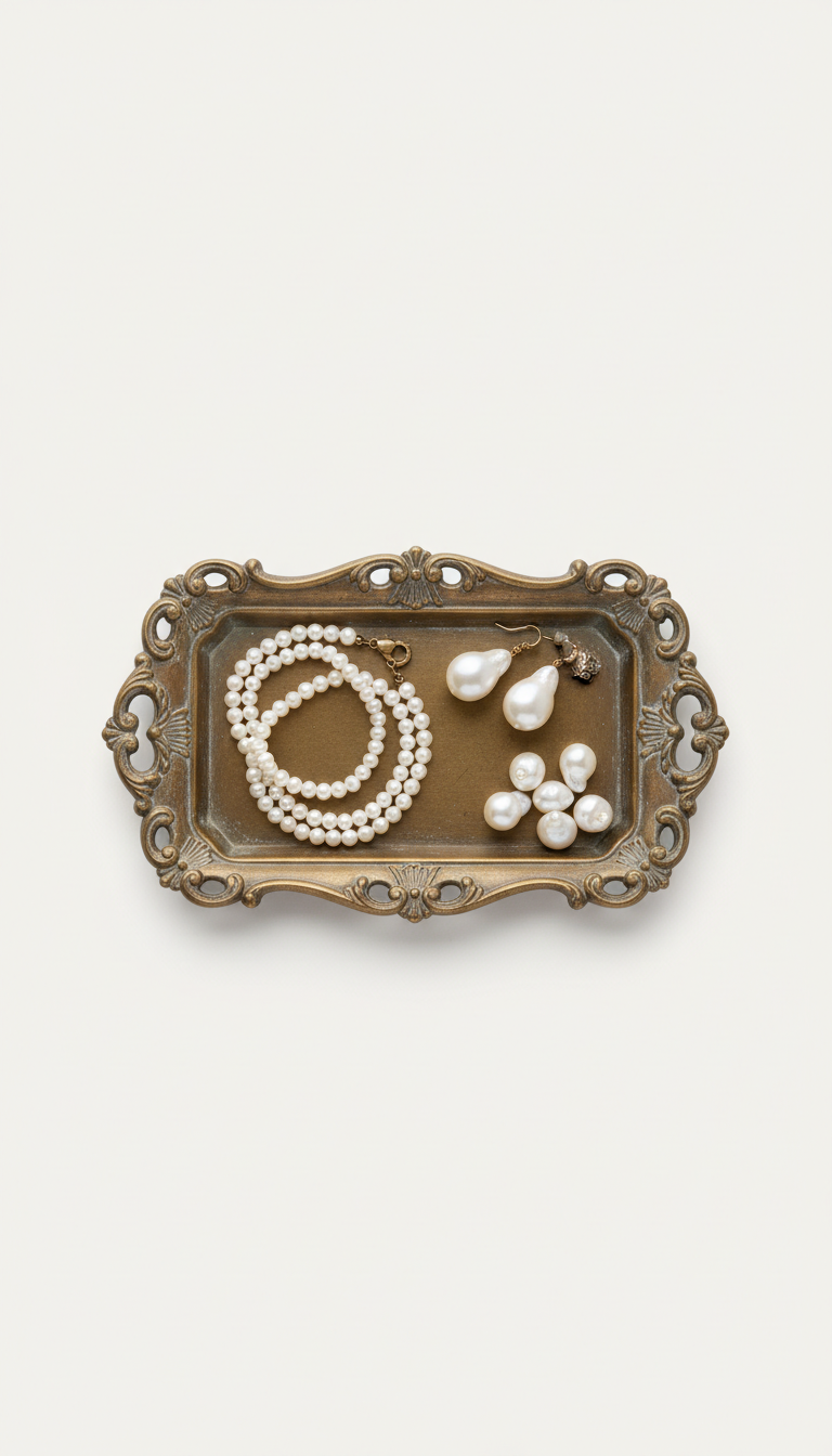 Plateau bijoux bronze antique et perles