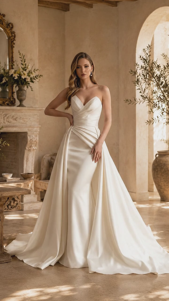 Abito da Sposa a Sirena in Raso con Bustino a Cuore e Sopragonna Removibile