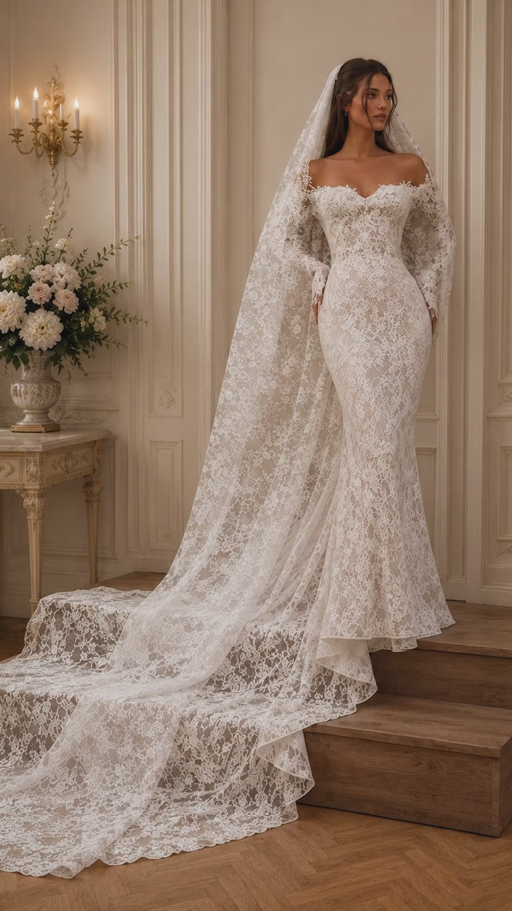 Abito da Sposa Sirena in Pizzo Integrale Maniche Off-Shoulder con Strascico