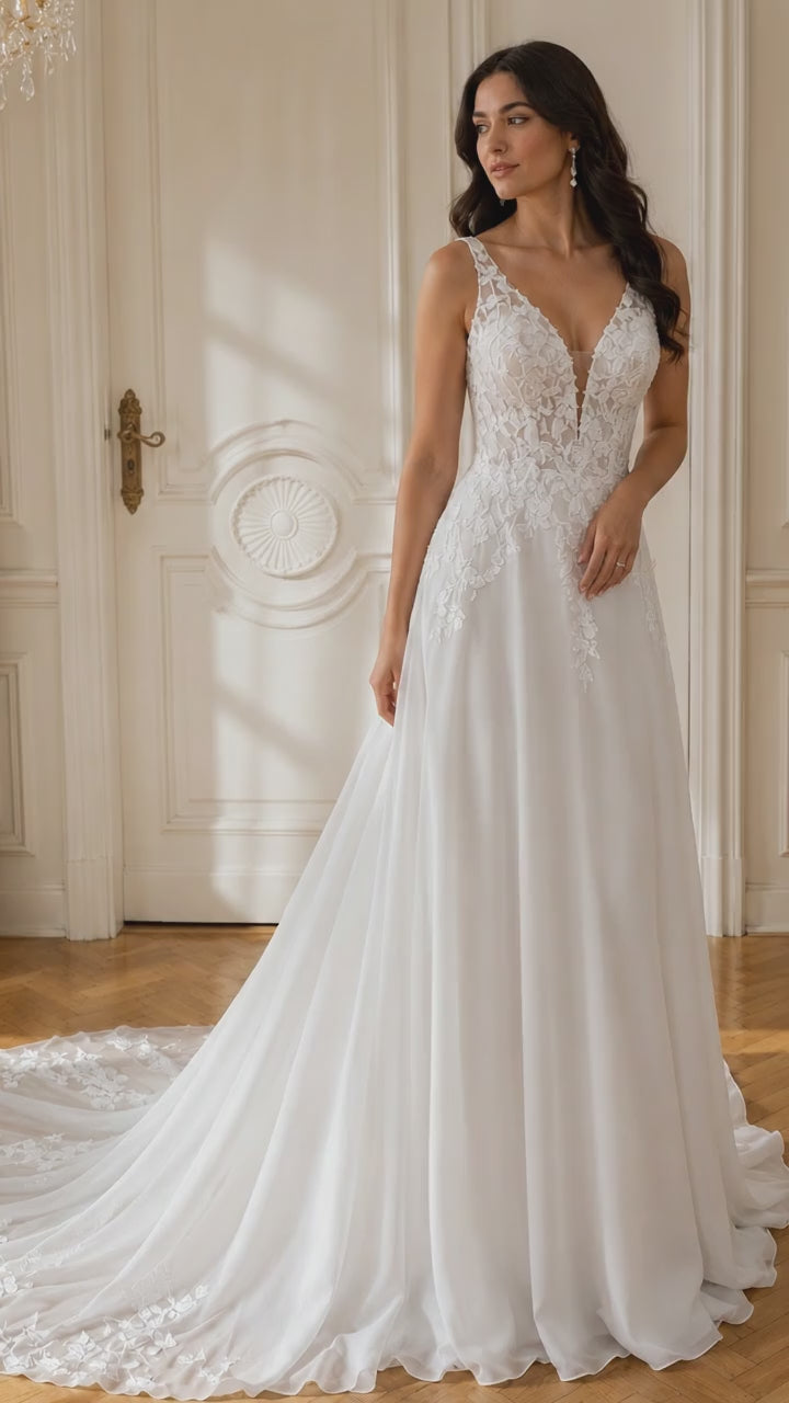 Abito da Sposa Linea ad A con Scollo a V in Pizzo Floreale e Schiena con Lacci