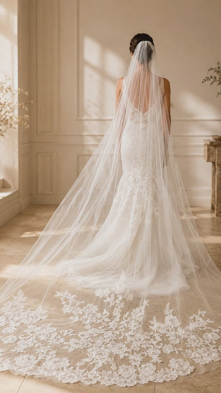 Voile de mariée cathédrale dentelle fleurie