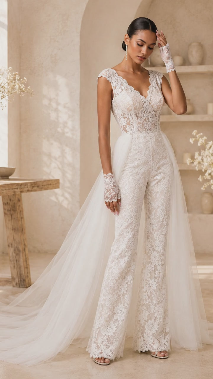 Tuta da sposa in pizzo integrale 2 in 1 con sopragonna in tulle rimovibile