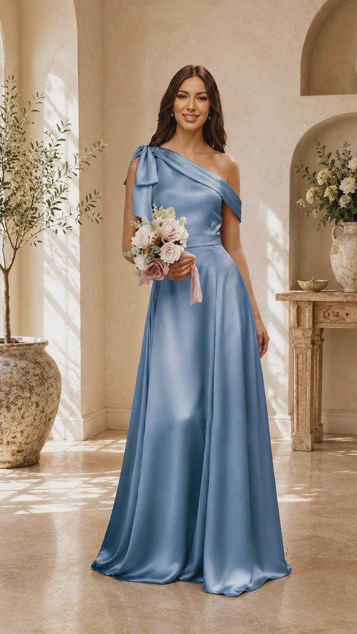 Robe Demoiselle d'Honneur Satin Épaule Asymétrique