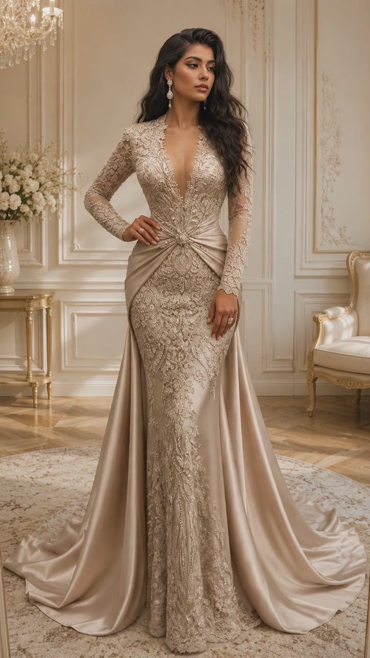 Abito da Sposa a Sirena con Maniche Lunghe in Pizzo Dorato