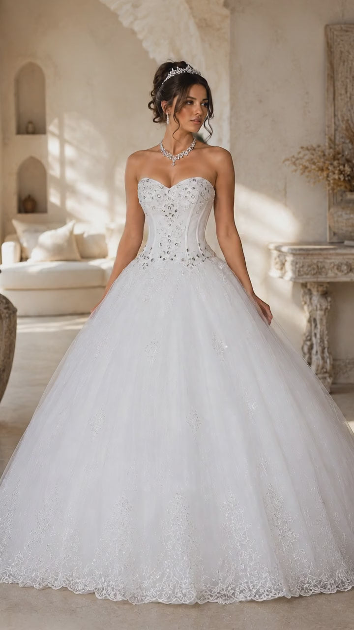 Abito da Sposa da Principessa, con Bustier, Cristalli e Pizzo