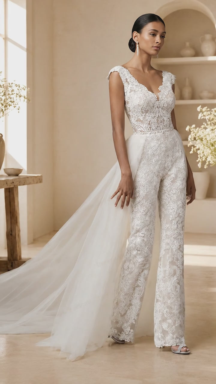 Combinaison de Mariée Dentelle Intégrale 2-en-1 Sur-Jupe Tulle Amovible