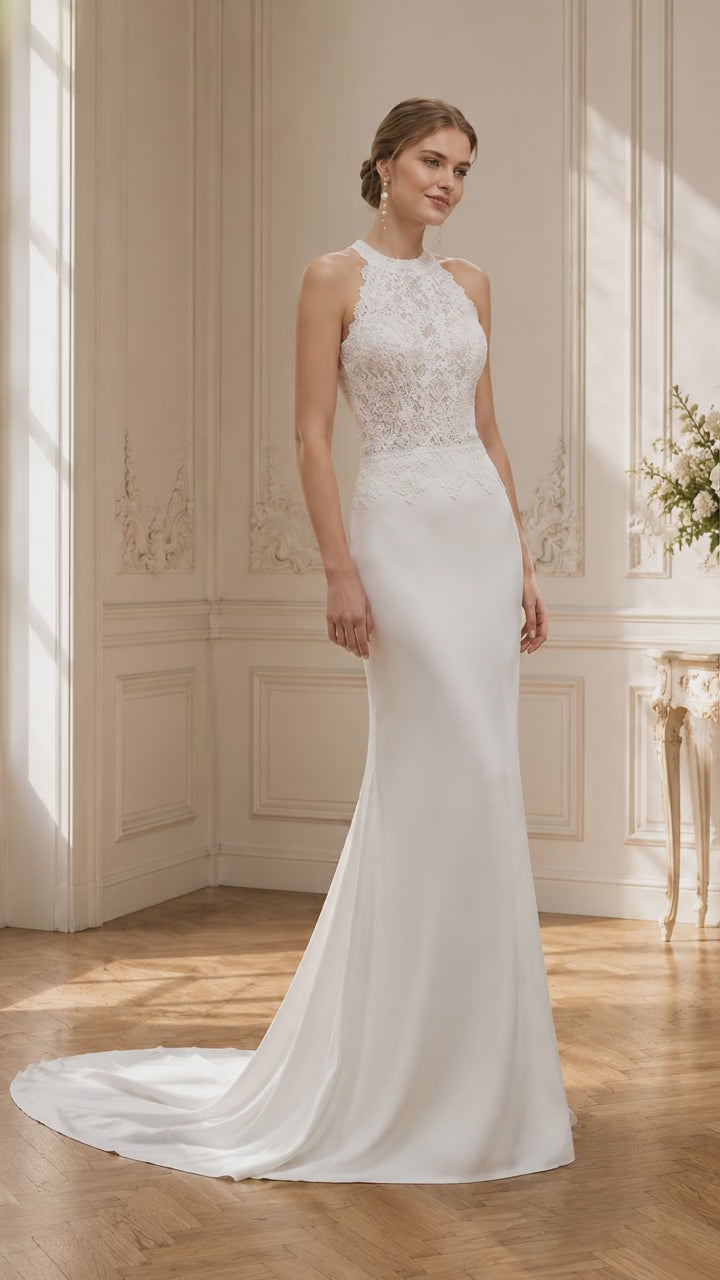 Abito da Sposa a Sirena con Collo all'Americana e Strascico in Pizzo