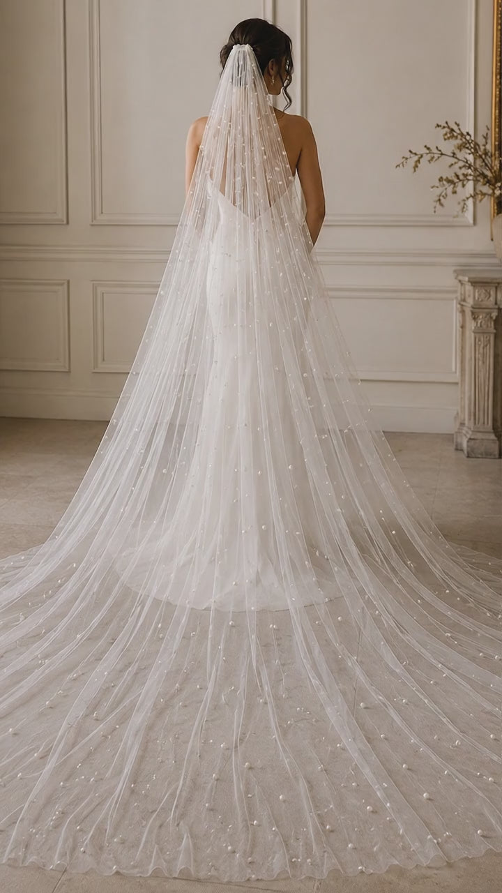 Voile de mariée cathédrale perles nacrées